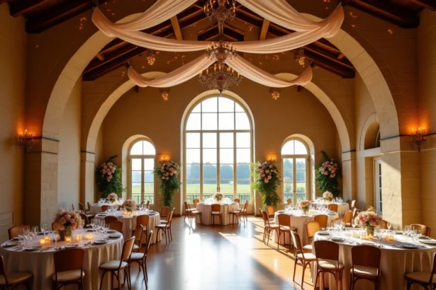 Vue d'ensemble d'une salle de réception élégante en Gironde, décorée pour un mariage avec des tables dressées et des fenêtres donnant sur les vignes