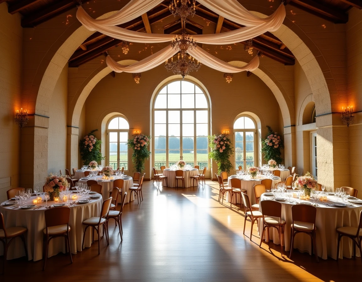 Vue d'ensemble d'une salle de réception élégante en Gironde, décorée pour un mariage avec des tables dressées et des fenêtres donnant sur les vignes