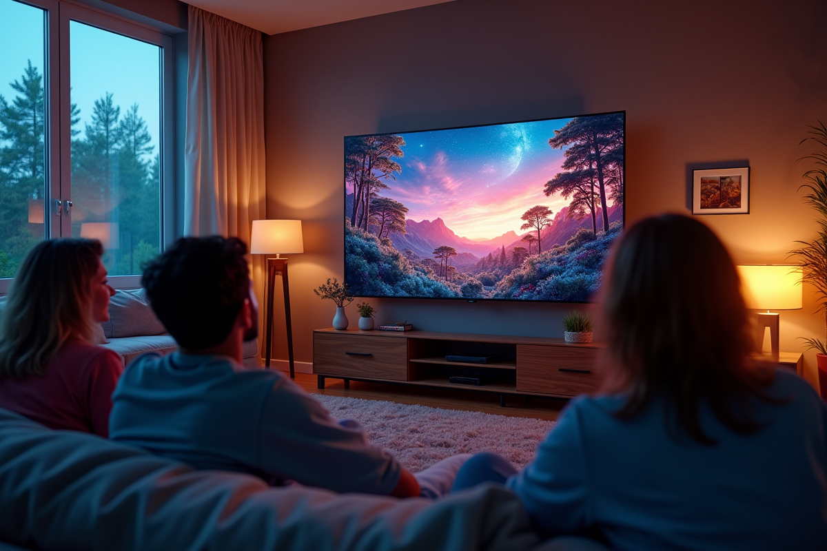 Salon moderne avec amis regardant une TV 4K ultrahd