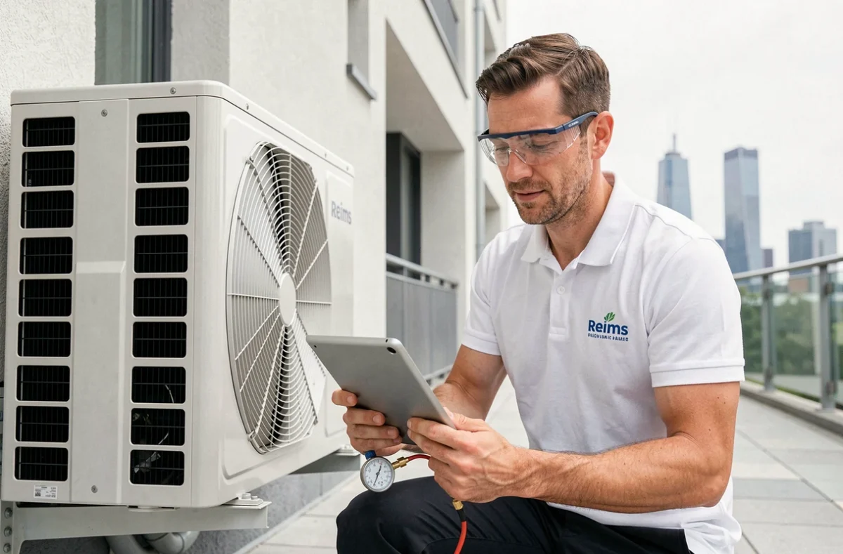 Technicien Sanacc installant un système de climatisation sur un immeuble à Reims dans la Marne