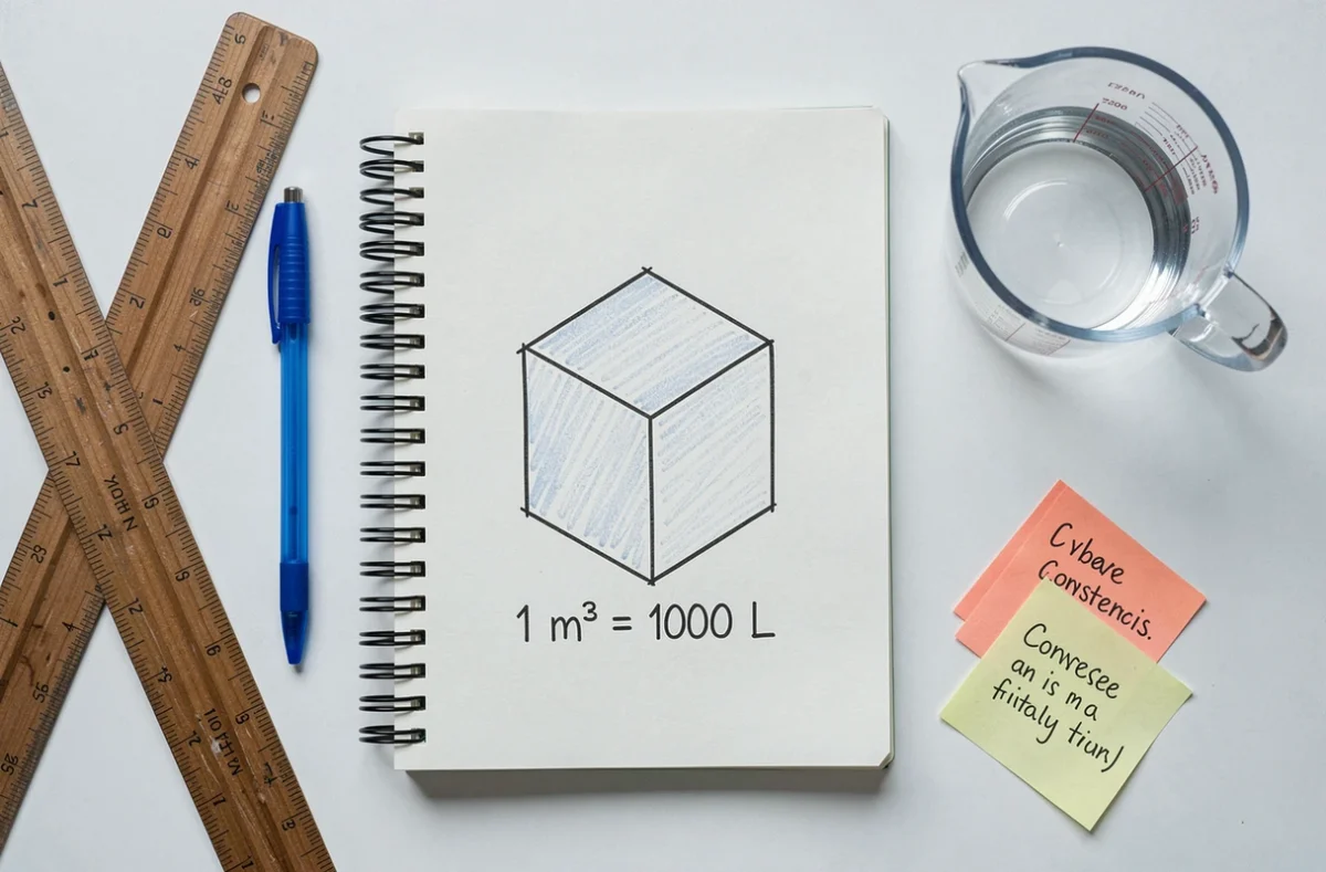 Vue de dessus d'un cahier ouvert avec un schéma de conversion mètres cubes en litres entouré d'outils scolaires sur un bureau blanc