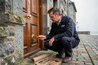 Serrurier professionnel intervenant sur une porte en bois dans une rue pavée de Bretagne