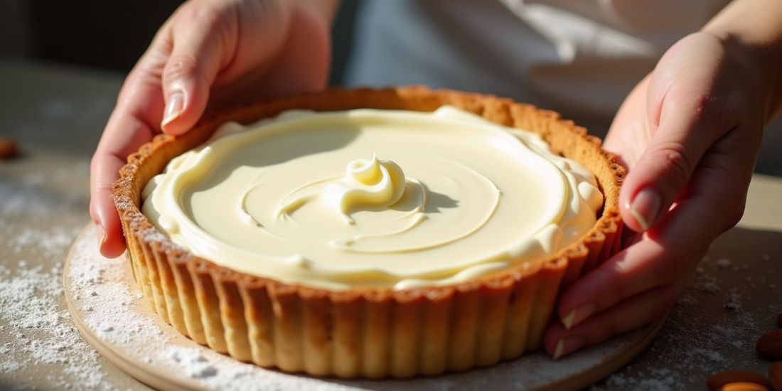 Mains de pâtissier étalant la crème d'amande sur une tarte
