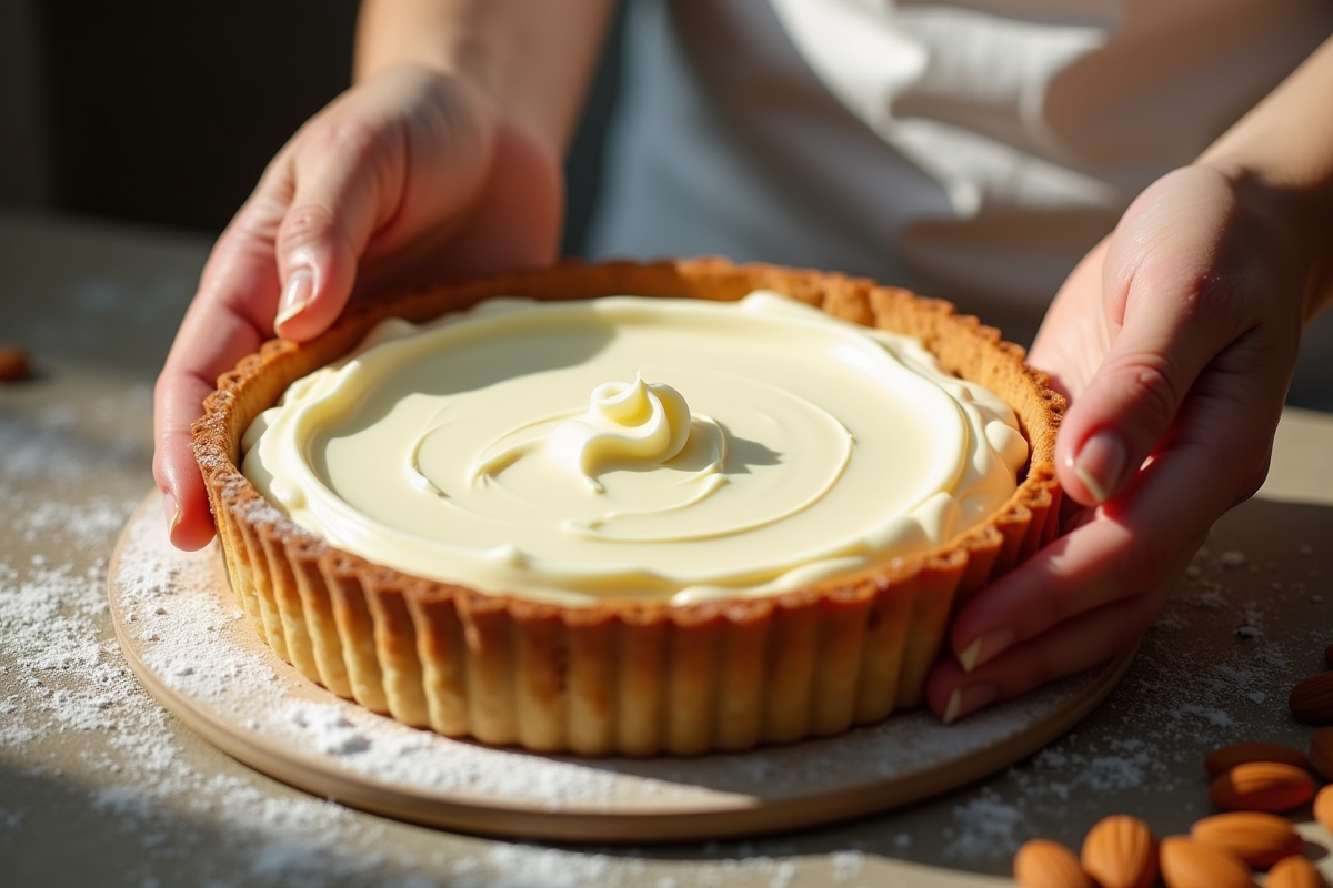 Mains de pâtissier étalant la crème d'amande sur une tarte