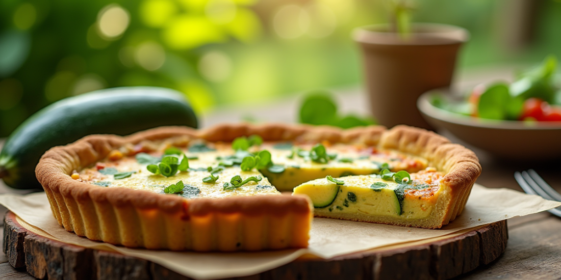 Tarte zucchini fraîchement cuite sur une table en plein air