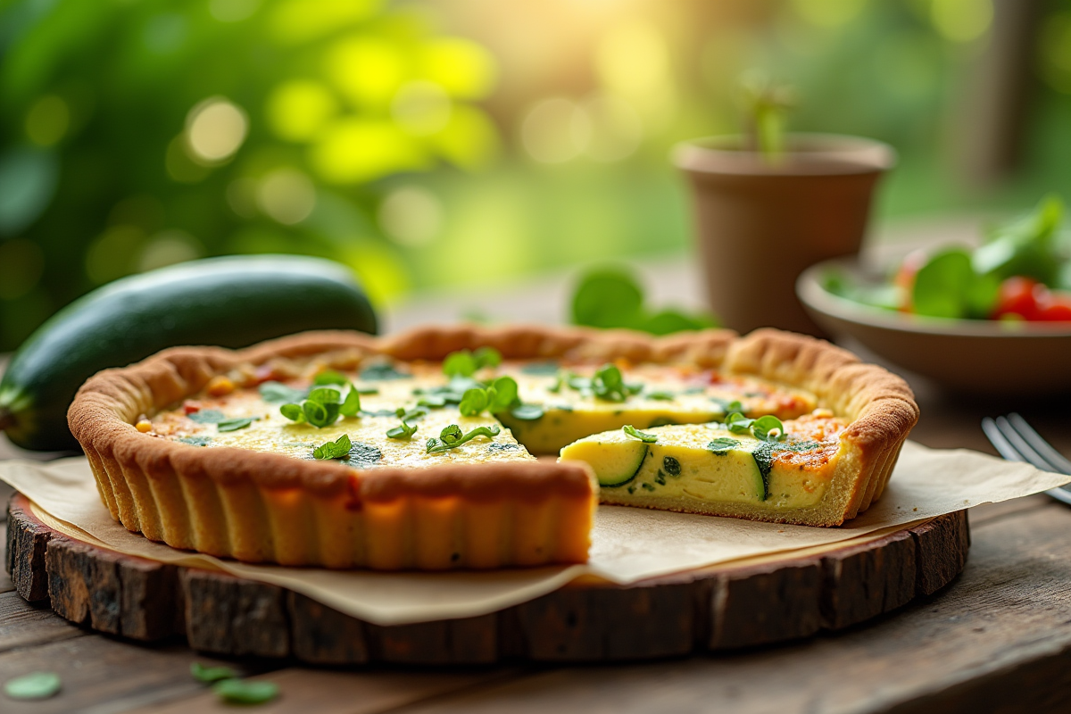 Tarte zucchini fraîchement cuite sur une table en plein air