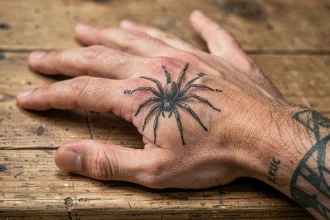 Gros plan sur un tatouage d'araignée à douze pattes sur la main, symbole de la Brigade Fantôme dans HxH