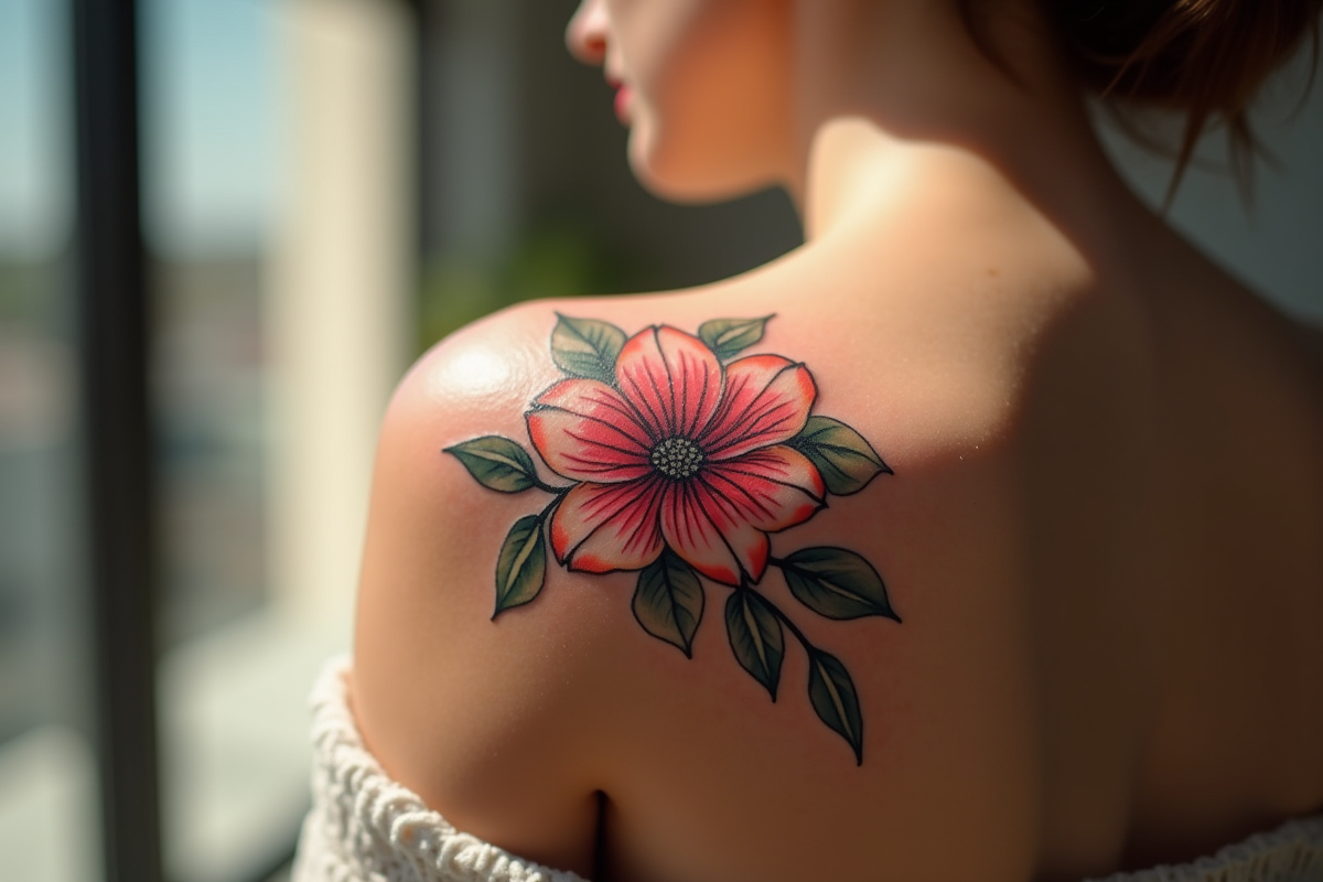 Tatouage floral sur l epaule avec lumiere naturelle