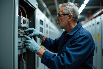 Technicien industriel inspectant un relais temporisé dans un tableau électrique d'usine