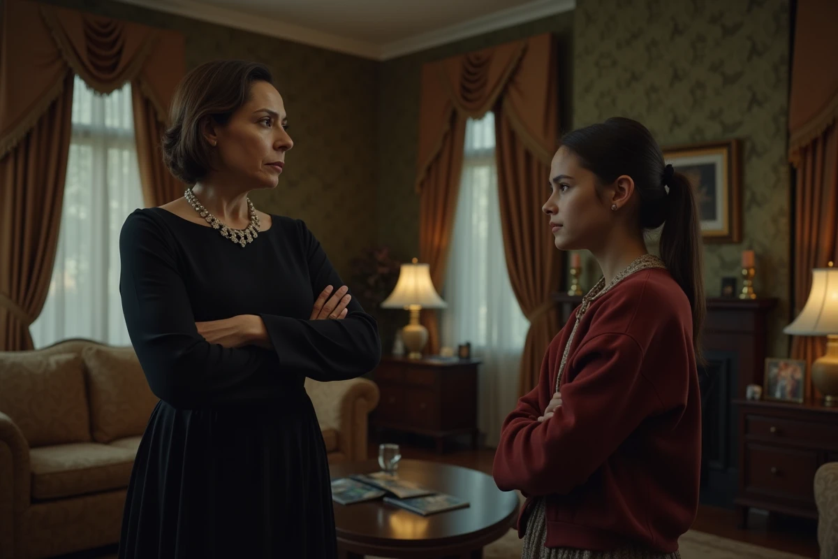 Femme sévère et adolescente dans un salon tendu