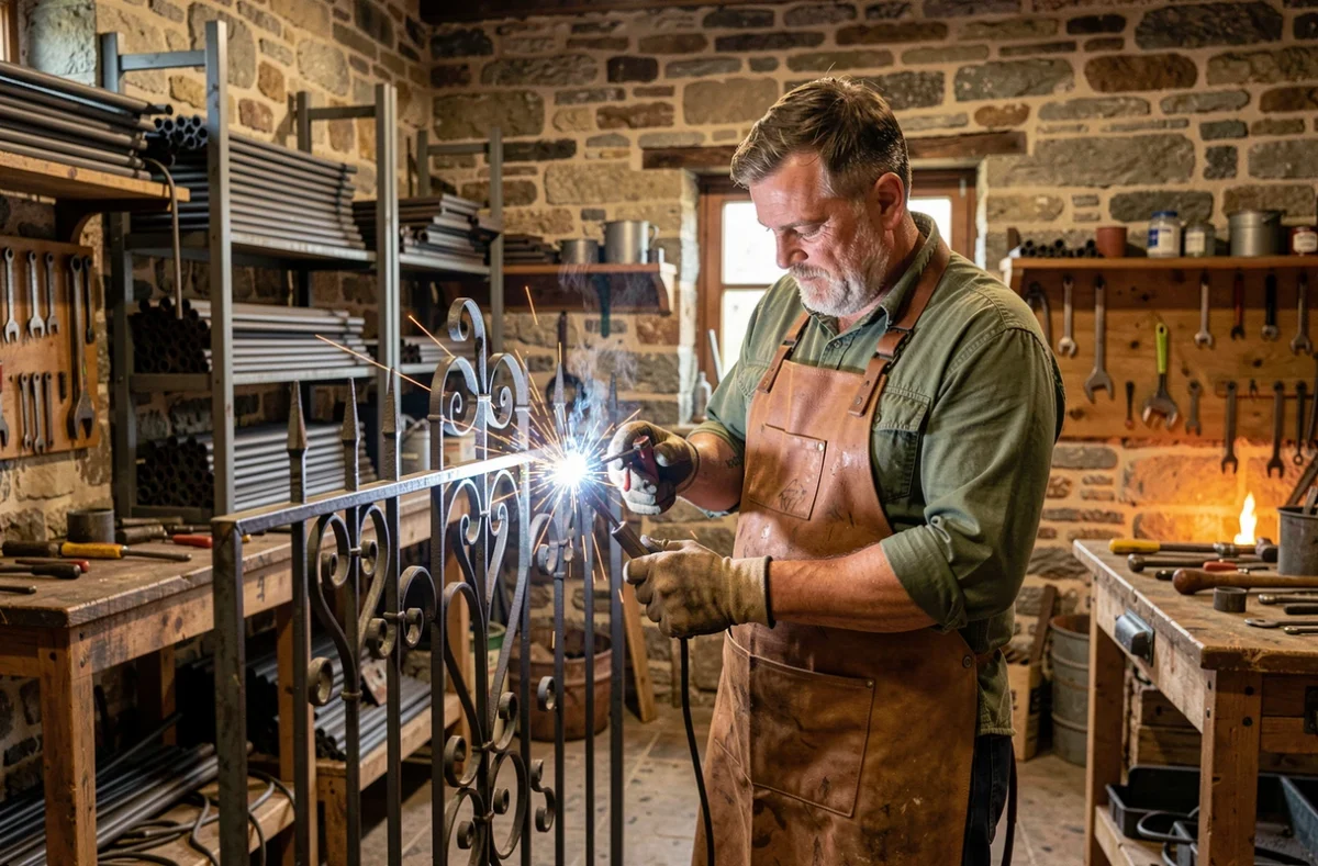 Artisan forgeron de la Métallerie du Trégor travaillant sur un portail en fer forgé dans son atelier