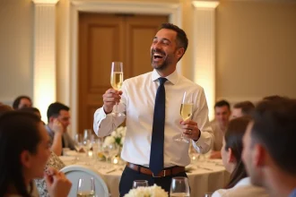 Homme souriant portant un toast lors d'un mariage avec discours humoristique
