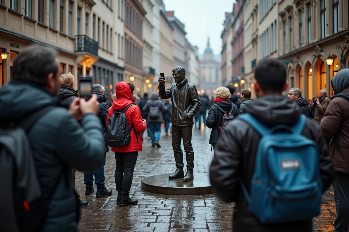 Des touristes de différentes nationalités photographient le Manneken-Pis sur la place pavée et humide du centre historique de Bruxelles