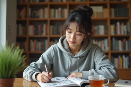 Jeune femme prenant des notes sur une traduction de manga dans un bureau organisé avec des étagères remplies de volumes