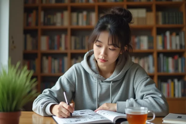 Jeune femme prenant des notes sur une traduction de manga dans un bureau organisé avec des étagères remplies de volumes