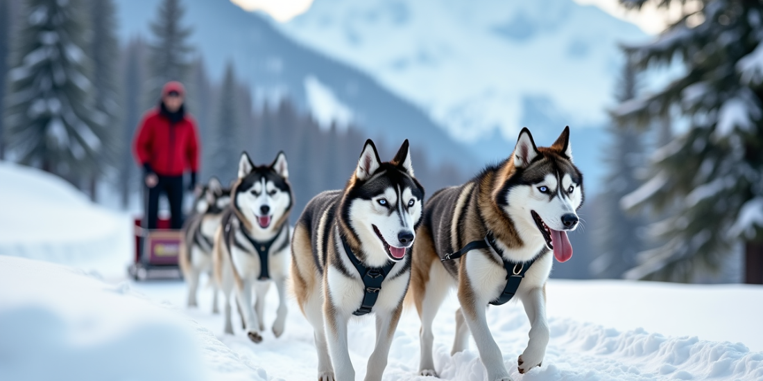 Équipe de huskies tirant un traineau dans les Alpes enneigées
