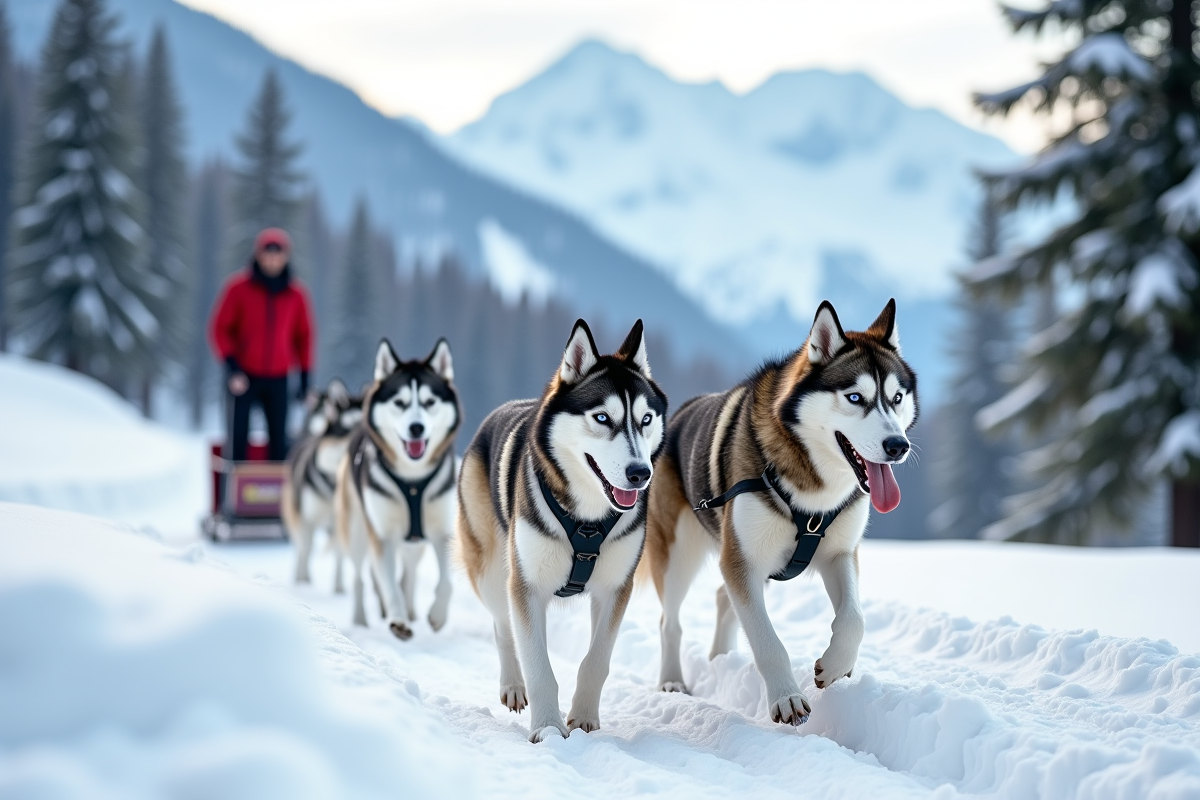 Équipe de huskies tirant un traineau dans les Alpes enneigées