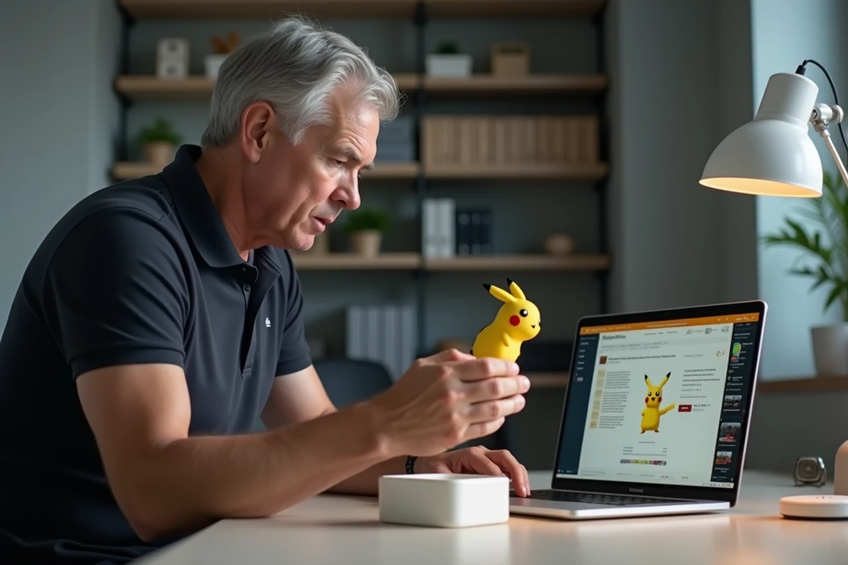 Vendeur professionnel photographiant une carte Pokémon Pikachu gradée pour une vente en ligne