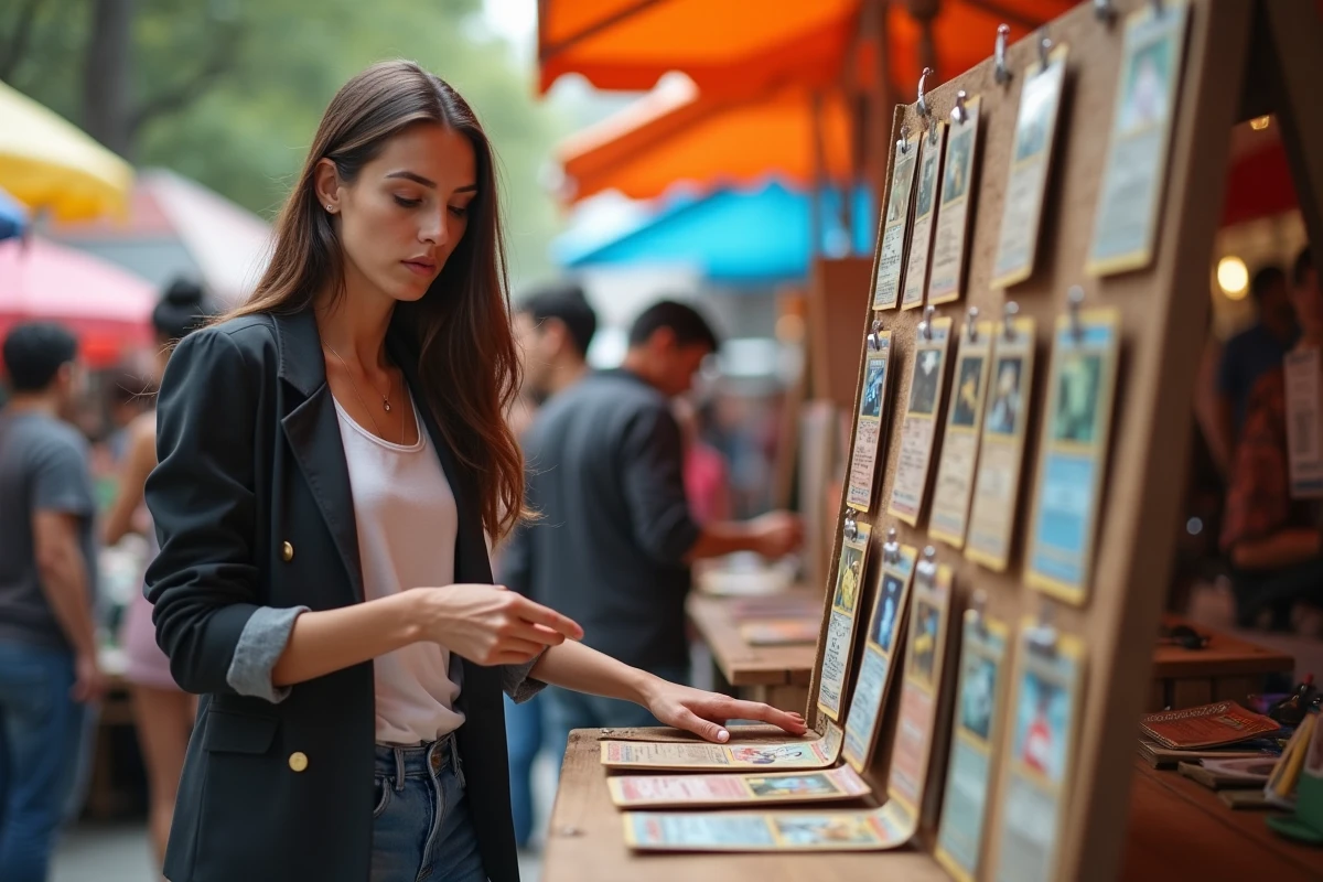 Femme vendant des cartes Pokémon dont Pikachu rare sur un stand de marché aux puces en plein air