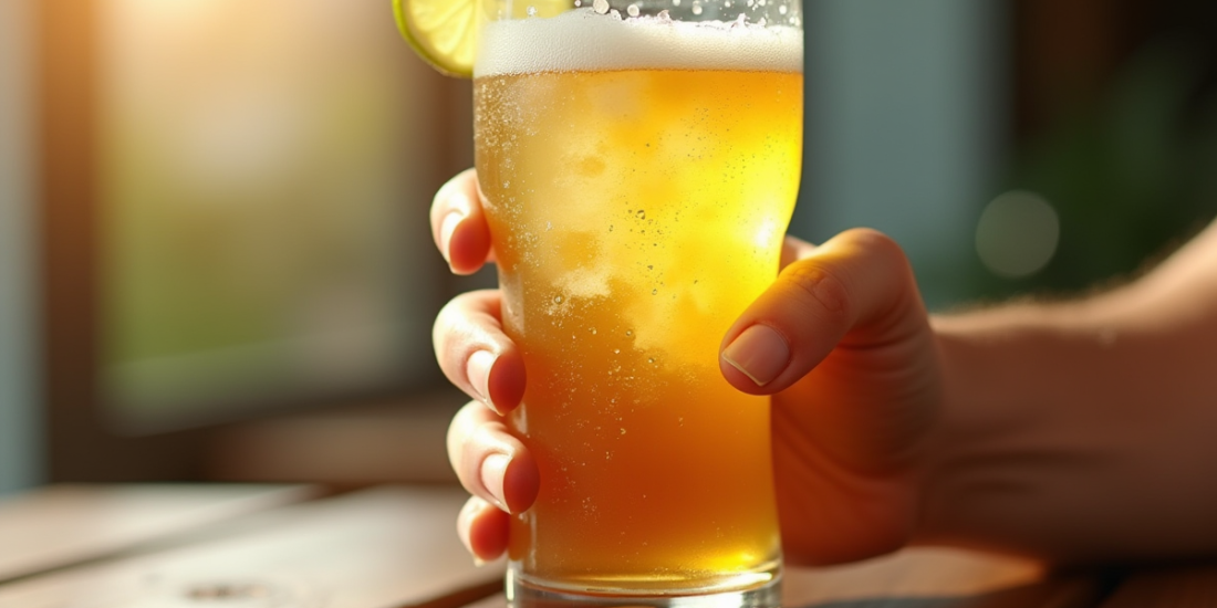 Verre de bière sans gluten avec lime fraîche en bord
