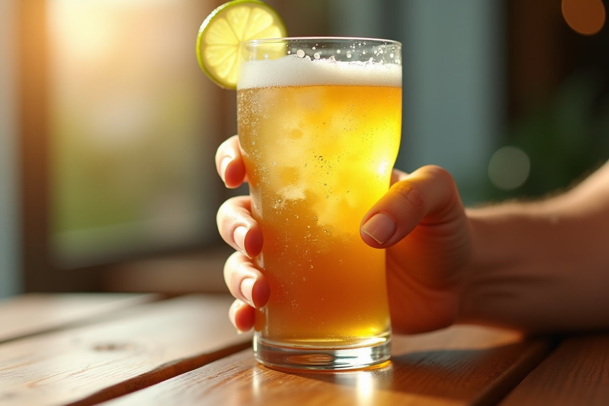 Verre de bière sans gluten avec lime fraîche en bord