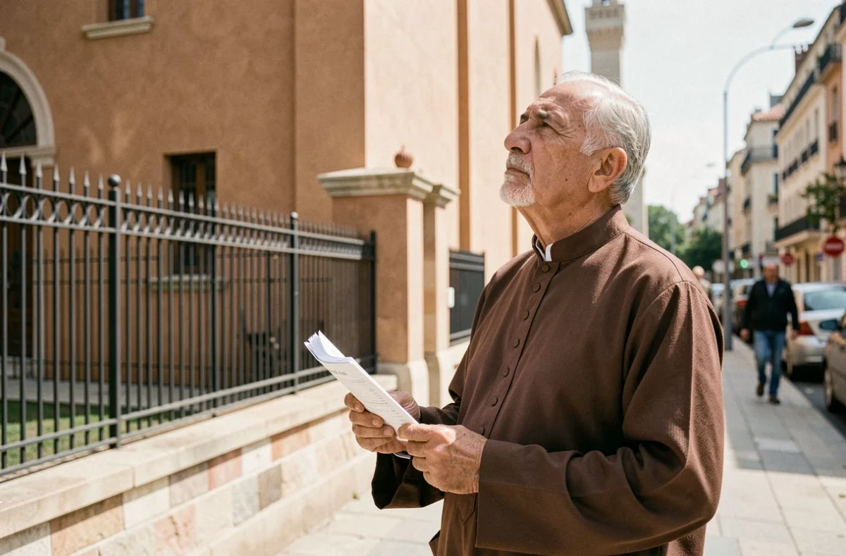 Vieil homme devant la mosquée de Toulouse consultant un horaire de prière papier avec une expression dubitative