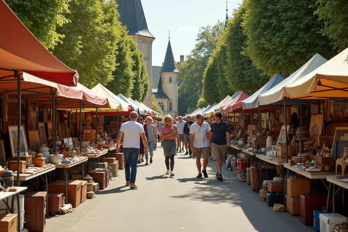 Vue d'ensemble animée d'un vide-grenier et brocante dans une place de village du Maine-et-Loire