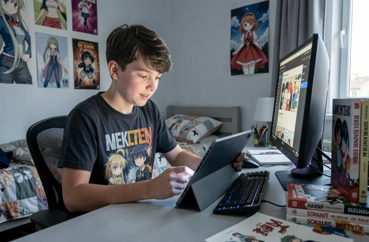 Adolescent lisant un webtoon sur tablette dans sa chambre décorée d'affiches manga et de volumes manhwa empilés