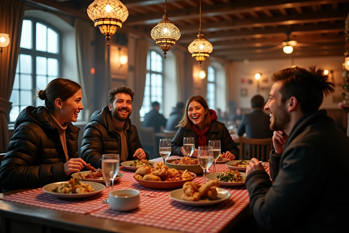 Groupe d'amis savourant un repas alsacien dans une winstub de Strasbourg sous la pluie