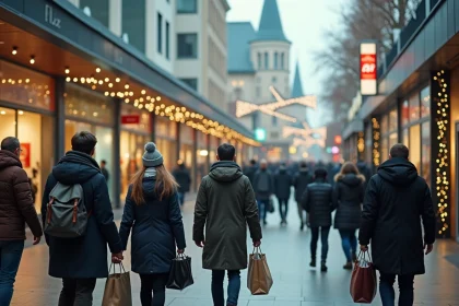 Entrée d'une zone commerciale animée le dimanche avant Noël avec des clients arrivant en transports en commun